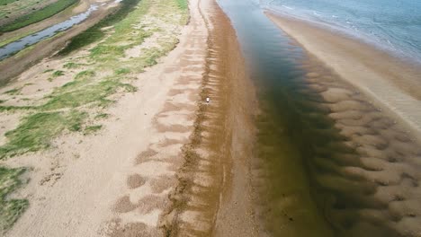 overhead drone shot following a runner along the beach in holme-next-the-sea, norfolk, england