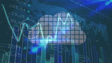 central cloud icon floating in scene, with neon-blue line graphs, bar charts, map overlay