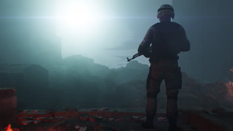 soldier on a post-apocalyptic battlefield