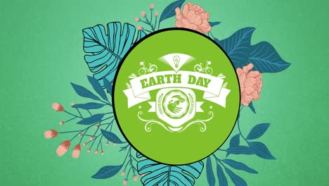 Animation-Von-Text-Und-Logo-Zum-Tag-Der-Erde-über-Blumen-Auf-Grünem-Hintergrund