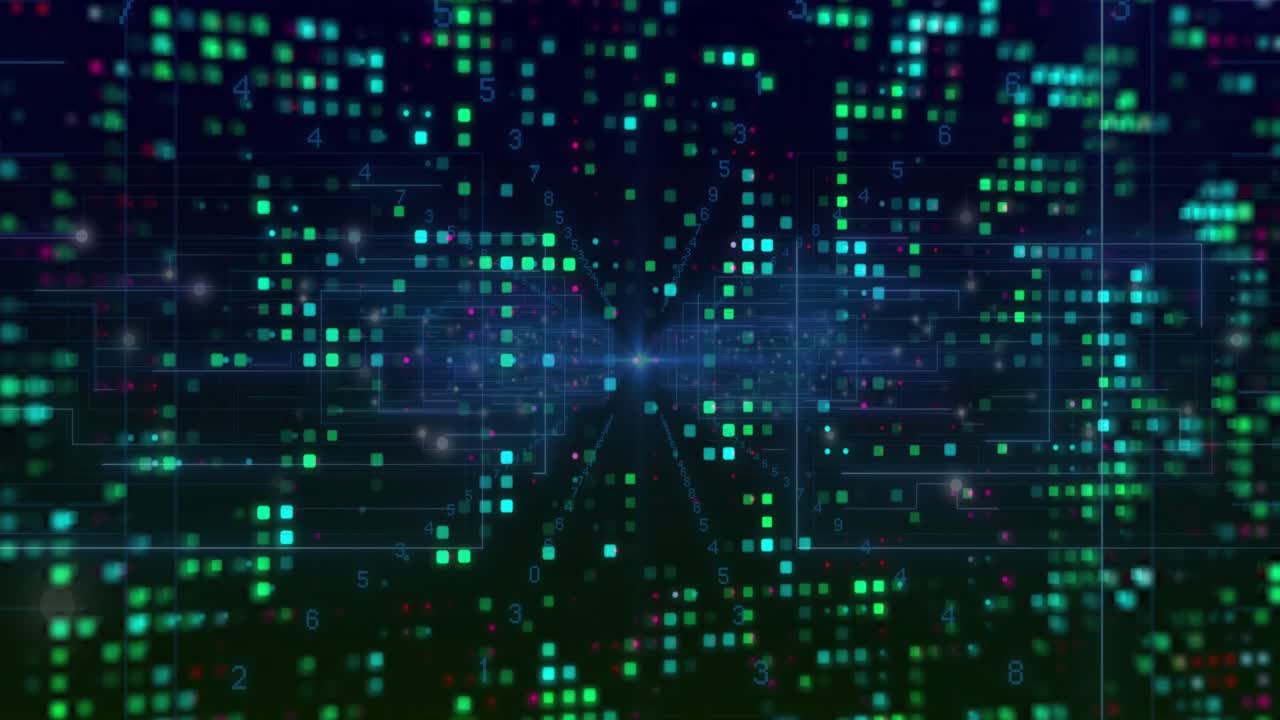 Floating green and blue squares converging inward forming glowing data tunnel showing number stream
