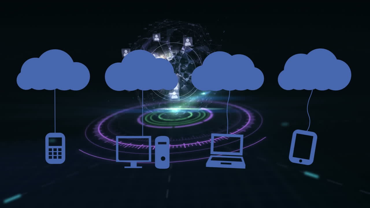 Animation of clouds with icons over globe