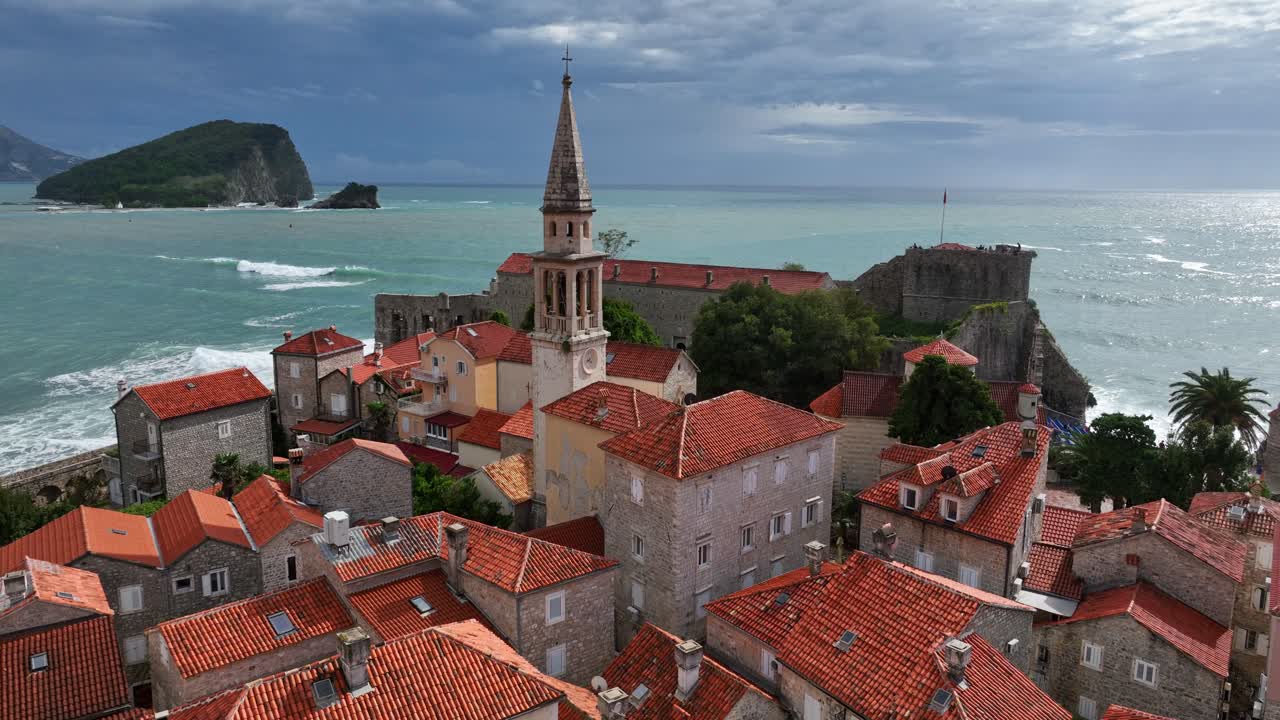 Church of Saint John the Baptist Budva Old Town, Sea Background AERIAL
