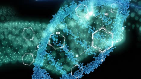 animation of dna and chemical structures over digital wave against black background