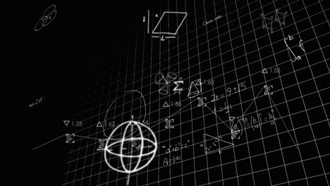 Mathematical-equations-and-geometric-shapes-animation-over-black-grid-background