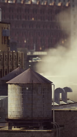 two water towers on a city rooftop