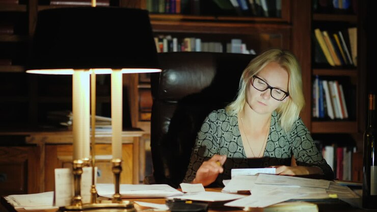 Forretningskvinde arbejder ved skrivebord om natten