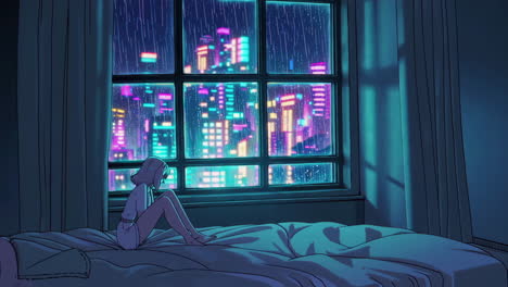 rainy night cityscape from bedroom window