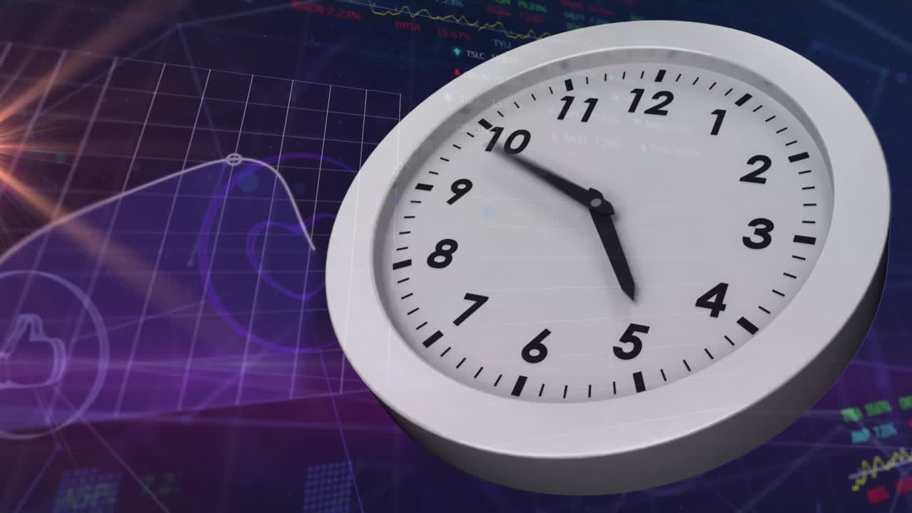 animación del reloj sobre múltiples gráficos y tablero de negociación contra las llamaradas de la lente en el fondo