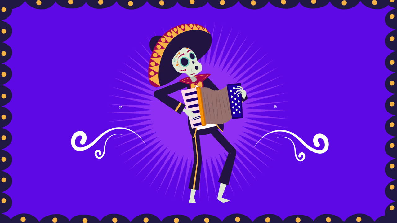animación viva mexico con cráneo mariachi tocando el acordeón
