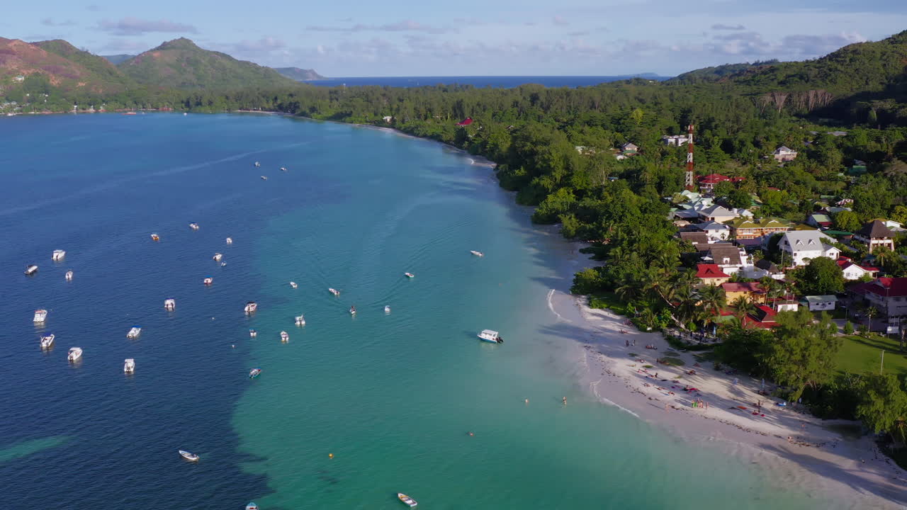Panoramic view showing the stunning coastline of Praslin Island on a warm, sunny day