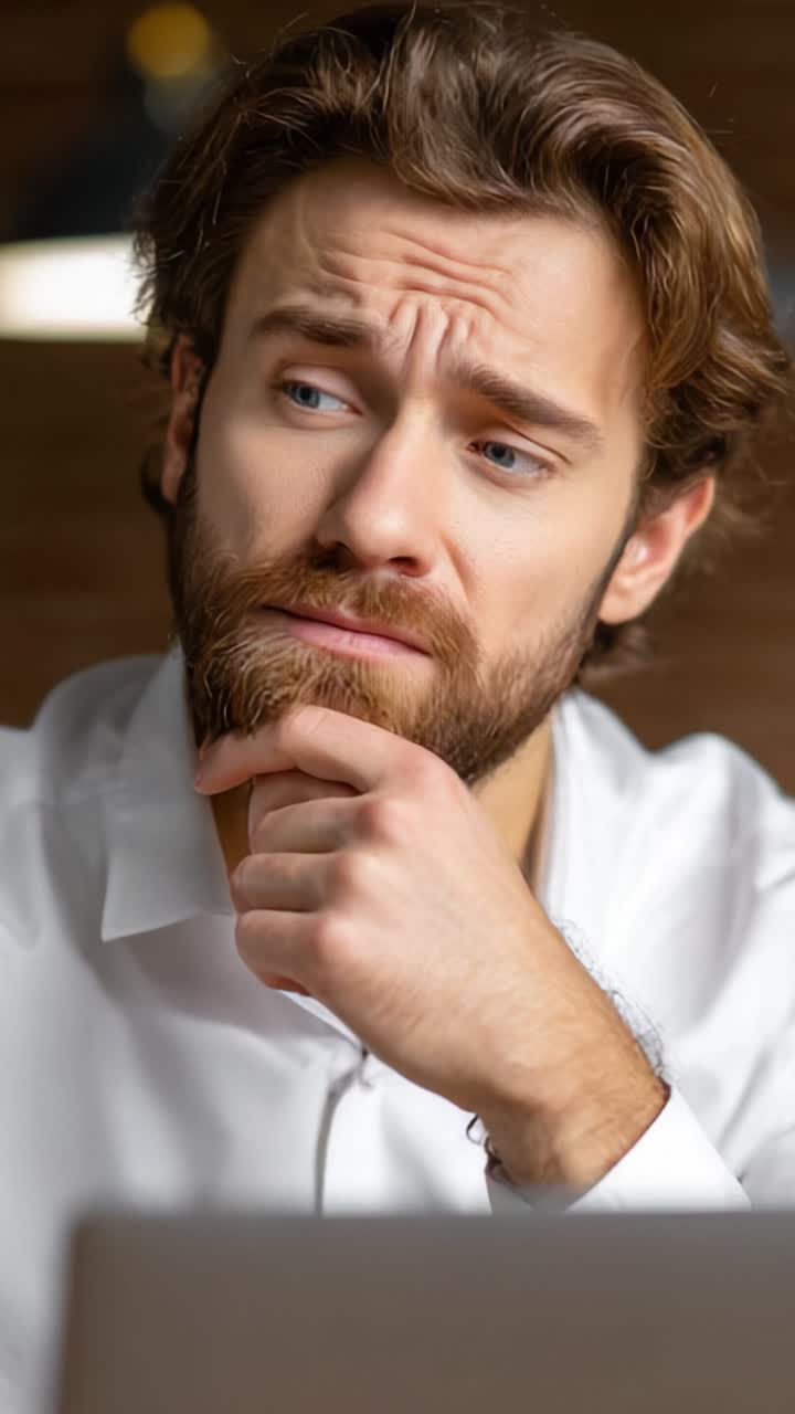 Contemplative Focus: A Man Deep in Thought While Looking at a Laptop, Capturing an Introspective Moment of Decision-Making and Reflection