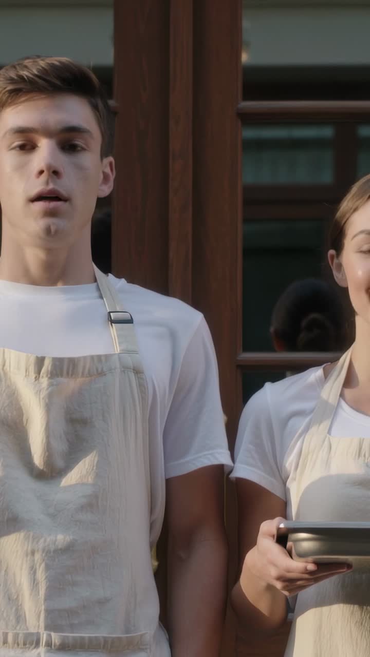 Vertical video: Filming pair in beige aprons posing at shop door, holding tray, welcoming customers