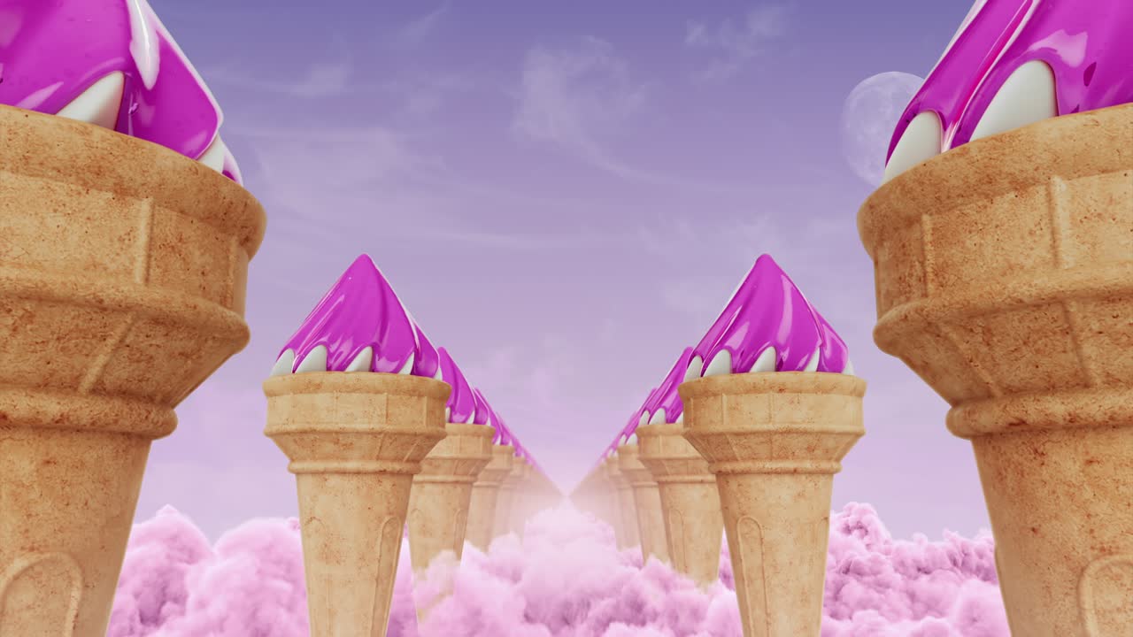bucle volando por el pasillo de helado en nubes rosas