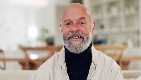 Face,-smile-and-an-elderly-man-in-the-living-room