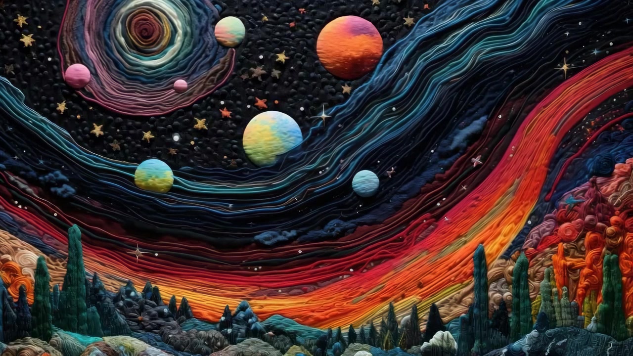Surreal Claymation Landscape with Planets and Vibrant Swirling Sky