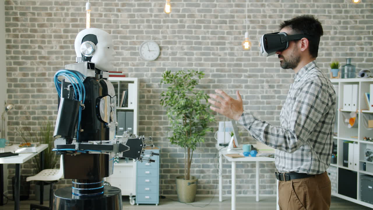 Man interacting with a robot in VR