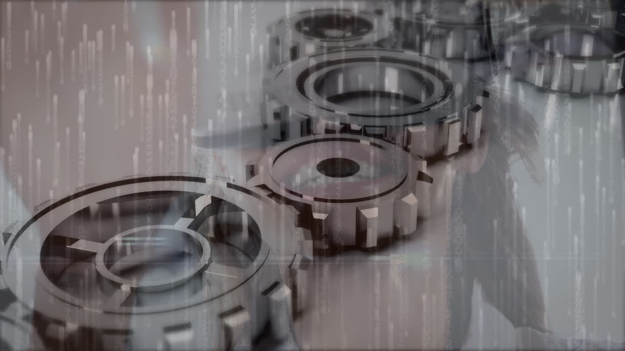 анимация зубчатых колес, движущихся над женщиной, носящей гарнитуру vr