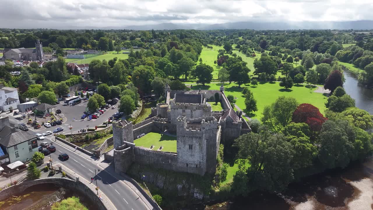 Cahir Castle, Ireland. Aerial dynamic view, sunny day, Co. Tipperary. Road trip