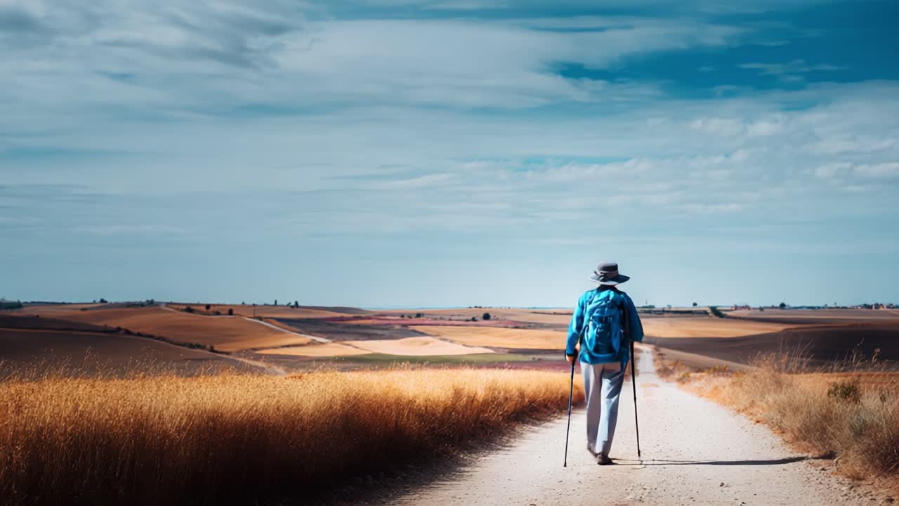 A solitary traveler walks down a scenic dirt path surrounded by golden fields under a vast blue sky, embodying the spirit of adventure and exploration in nature's serene landscape