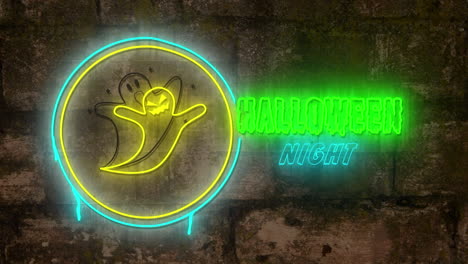 animación de neon saludos de halloween y fantasma sobre fondo marrón