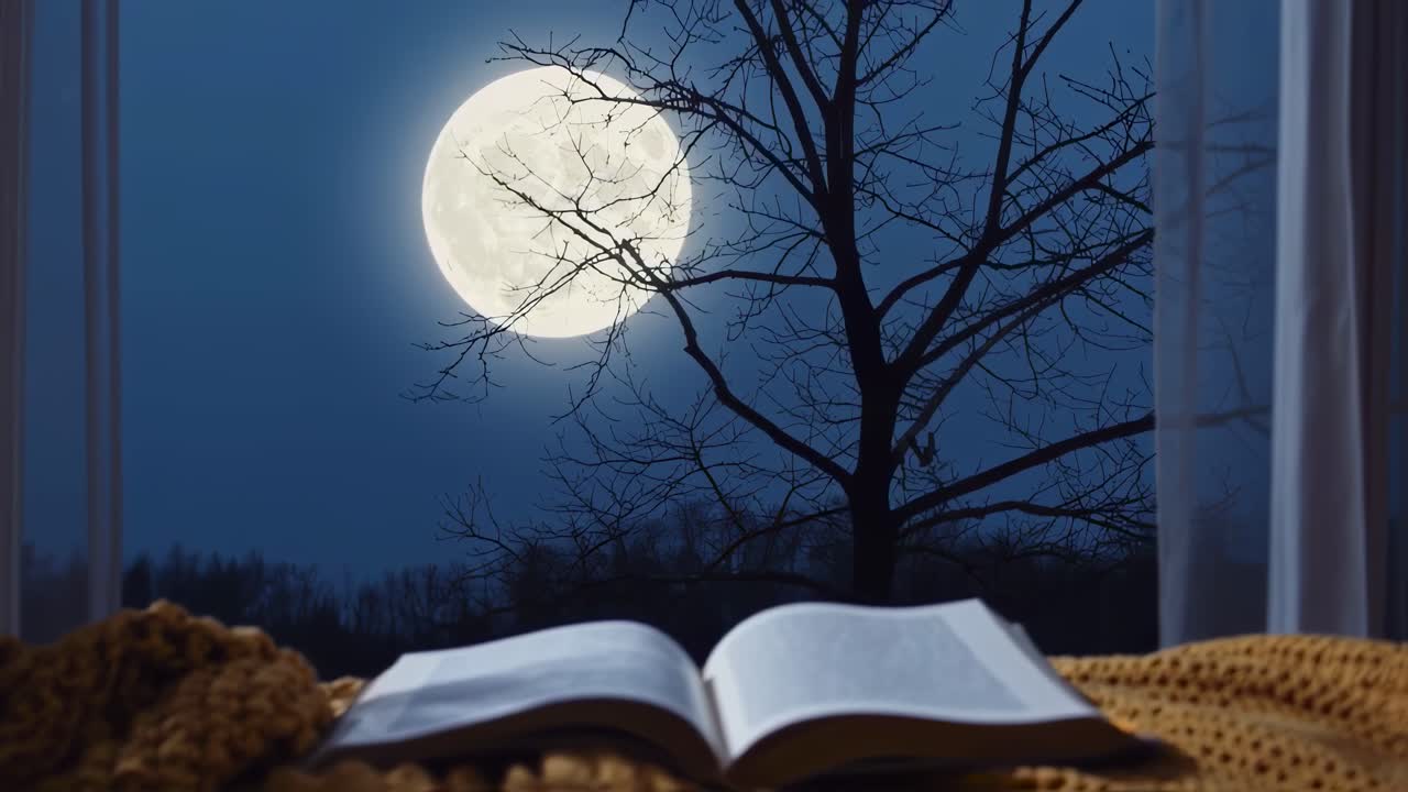 Cozy atmosphere at night with an open book placed on a blanket by the window, a bare tree and a full moon visible through the transparent curtain