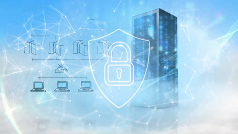 animation of padlock icon and data processing over computer server