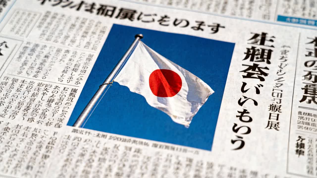 Kameran rör sig framåt mot en japansk flagga på en tidning på ett skrivbord, med fokus på att betona rubriken