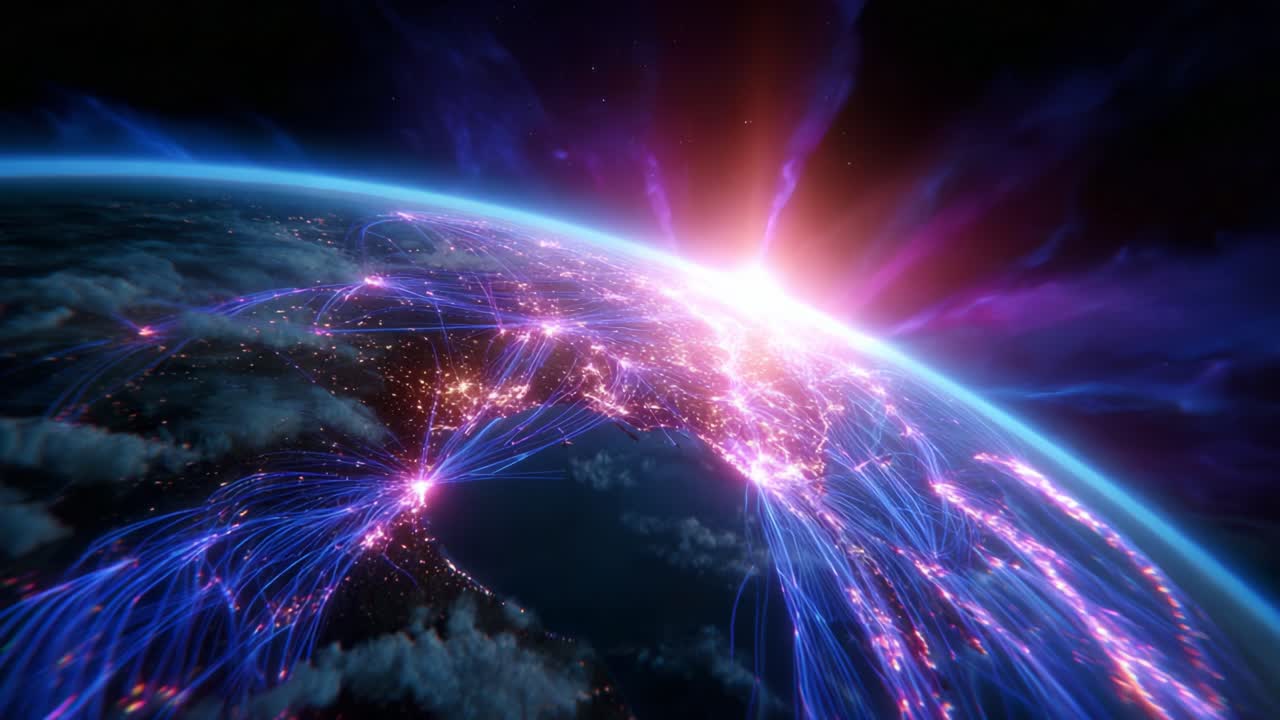 A Breathtaking View of Earth from Space Capturing the Dynamic Energy of Global Connections with Vibrant Lights and Cosmic Phenomena Illuminating the Planet's Surface, Signifying the Interconnectedness of Humanity