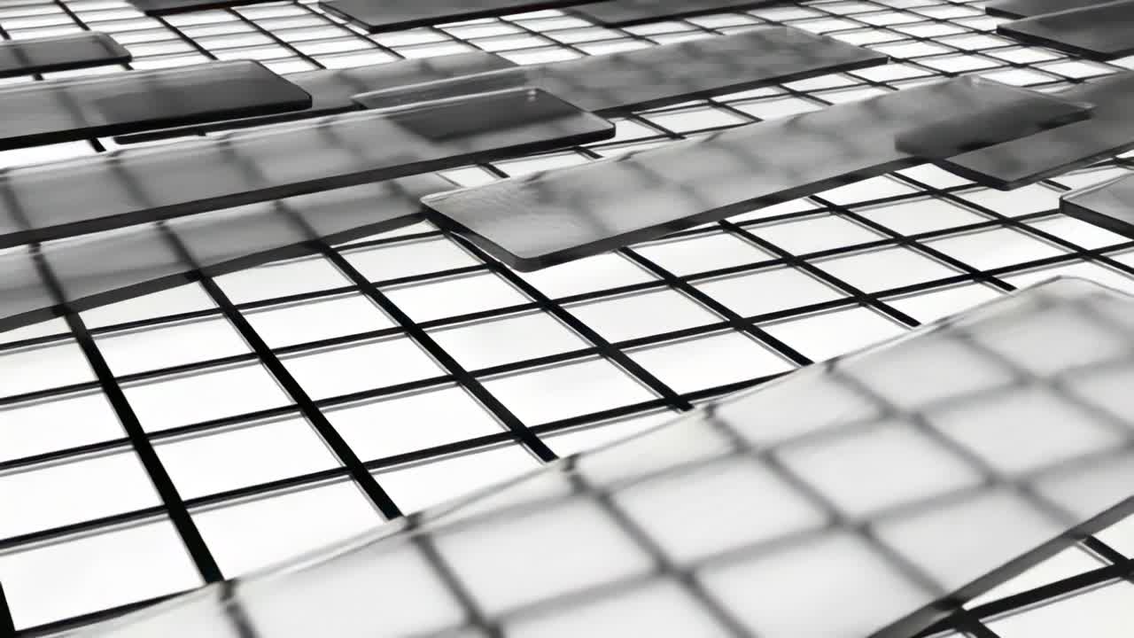 Gliding translucent panels appearing on frame start and sliding across grid plane, showing depth