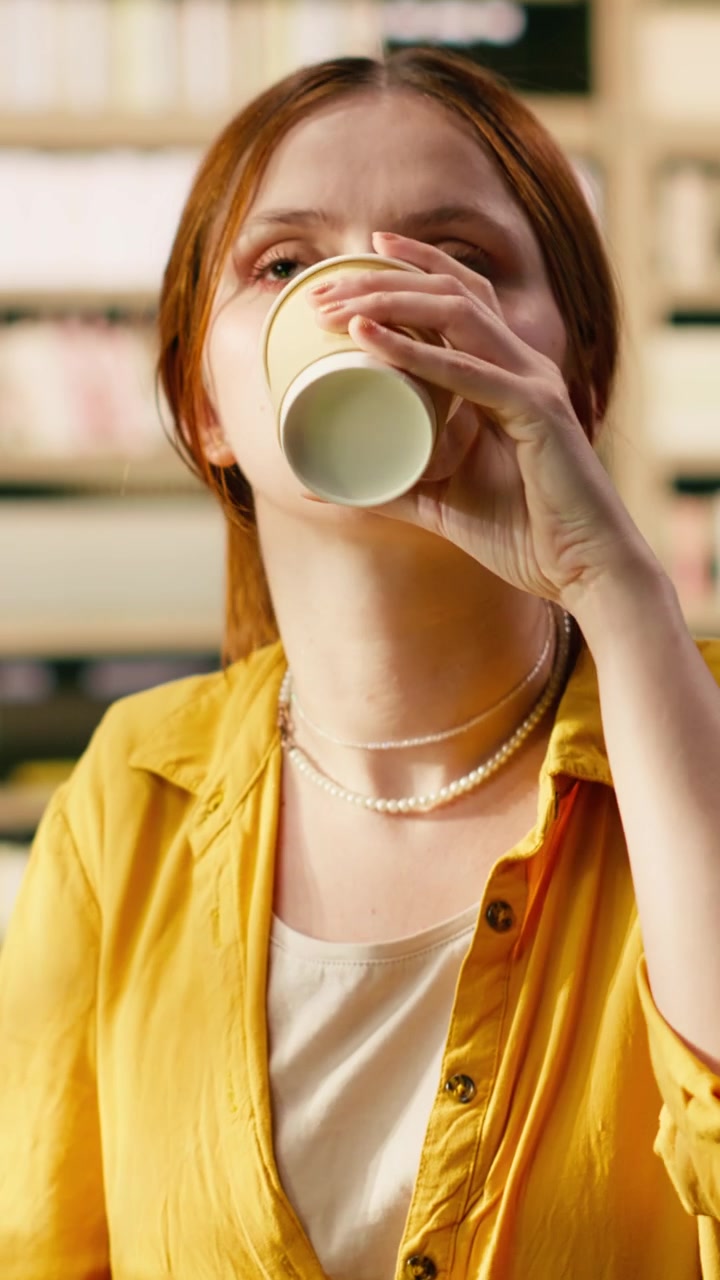 Video vertical: Mujer joven bebiendo una taza de café junto a la laptop en el escritorio de la biblioteca universitaria.
