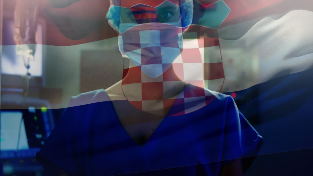 Animation of flag of croatia over caucasian female surgeon with face mask