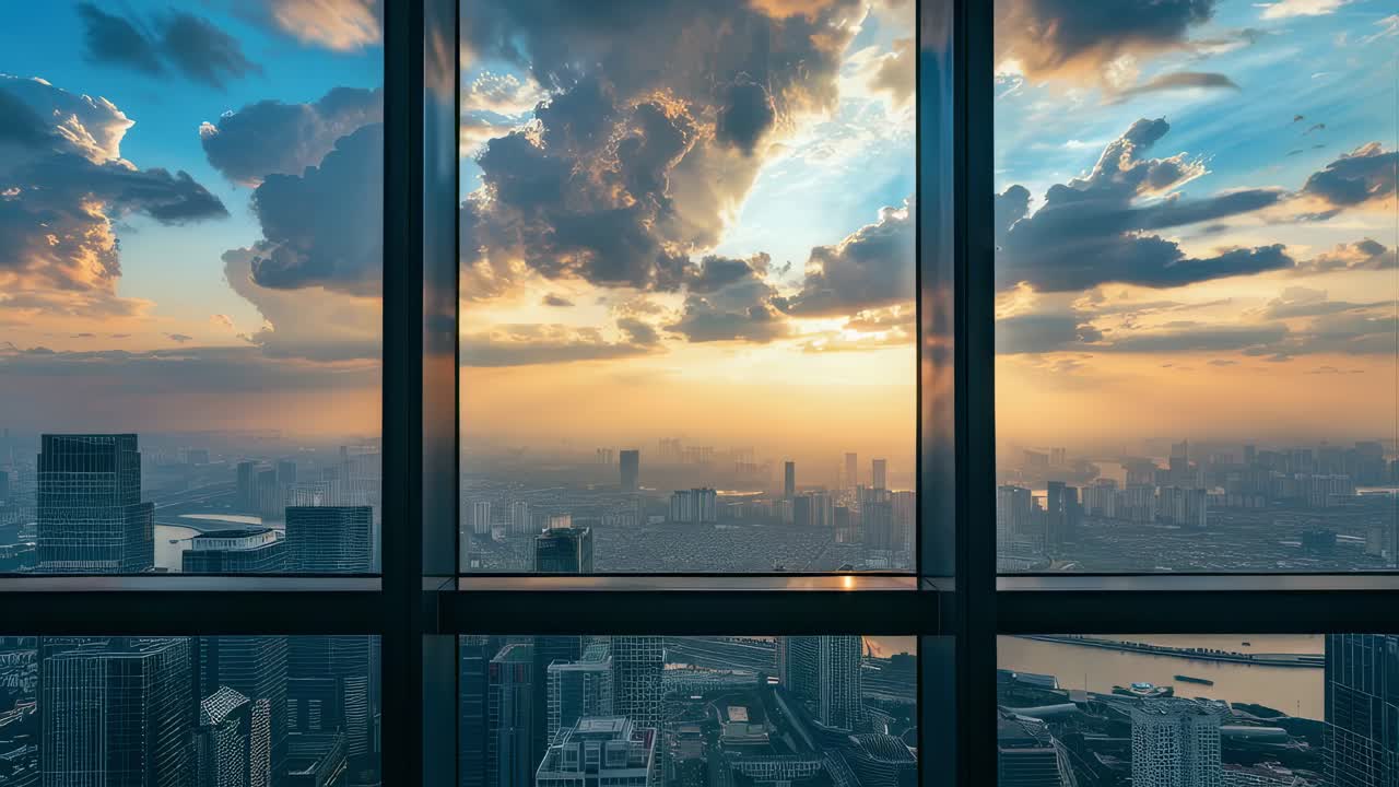 Cloudscape drifting above metropolitan skyline during golden sunset, viewed from skyscraper window with expansive urban landscape spreading beneath dramatic evening sky