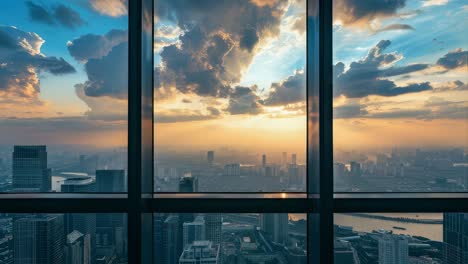 cloudscape drifting above metropolitan skyline during golden sunset, viewed from skyscraper window with expansive urban landscape spreading beneath dramatic evening sky
