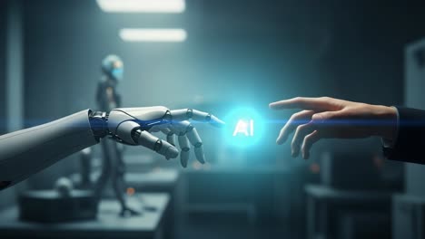 a captivating moment of connection between human and robot: the intersection of technology and humanity in a modern ai-driven world