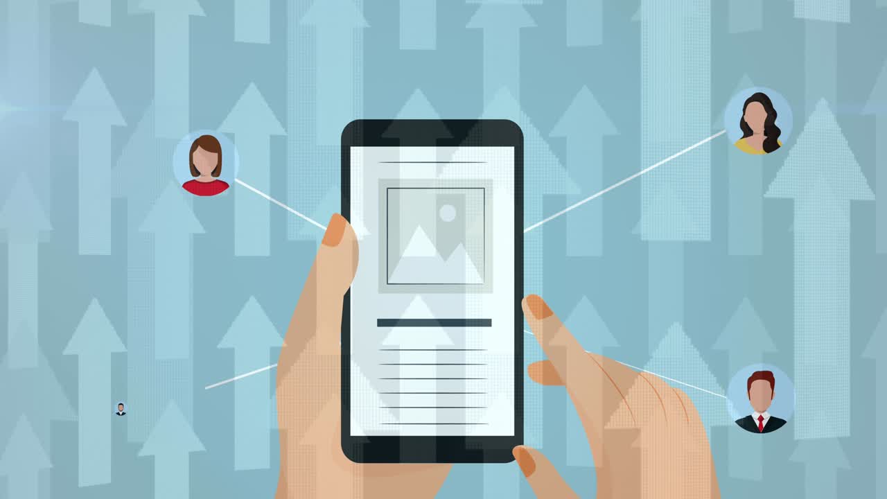 디지털 아이콘으로 네트워크의 애니메이션과 화살표로 스마트 폰을 사용하는 사람