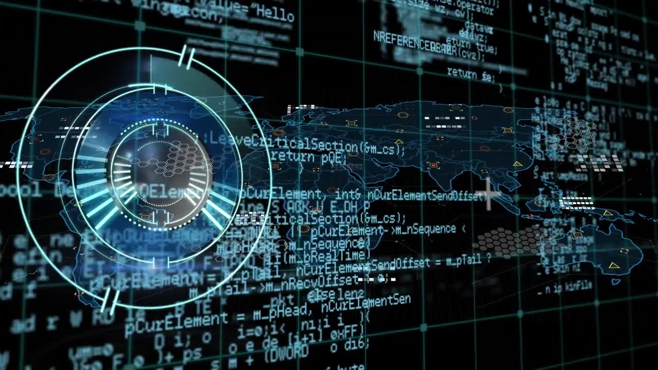 Animation of round scanner and data processing over world map against black background