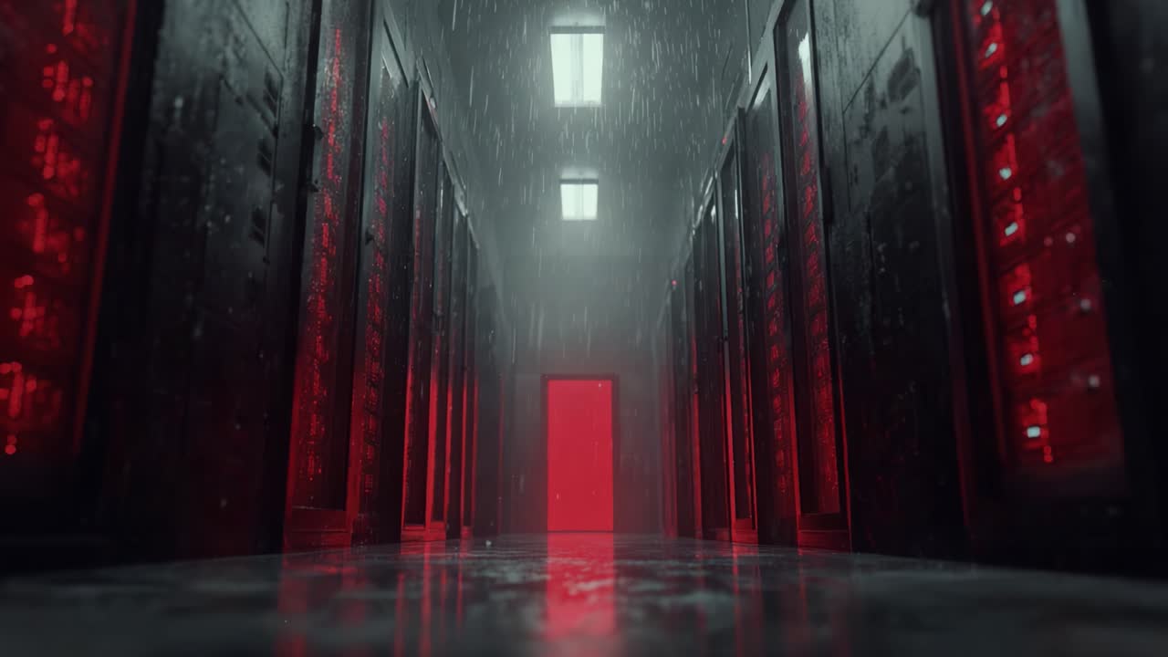 A Haunting Corridor of Red Lights and Mist: Uncovering the Secrets Within the Server Room, Where Technology and Mystery Intertwine in an Enigmatic Atmosphere