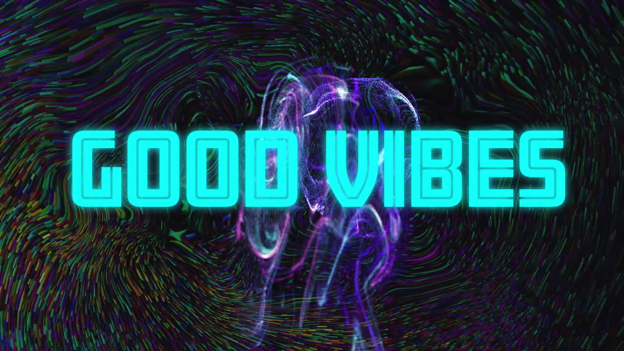 Animation of good vibes text over colourful shapes