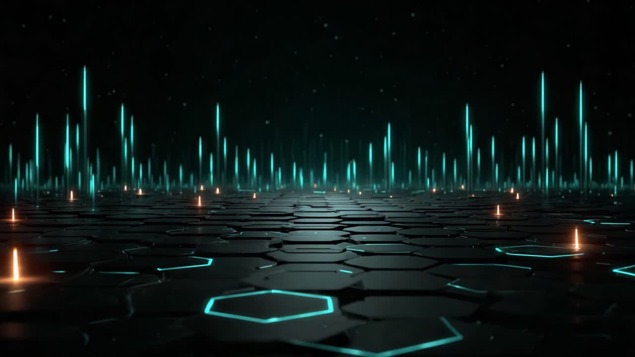 Et dynamisk digitalt landskab, der viser æteriske lysstrukturer, der rejser sig over et geometrisk honeycomb-mønster i et medrivende virtuelt miljø