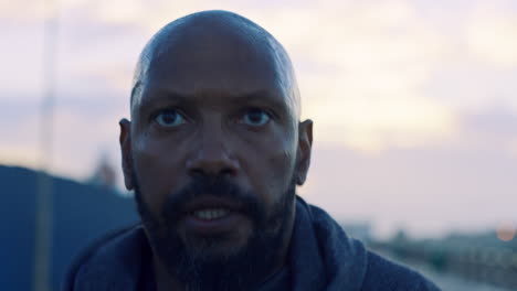 black man, face opr running for fitness
