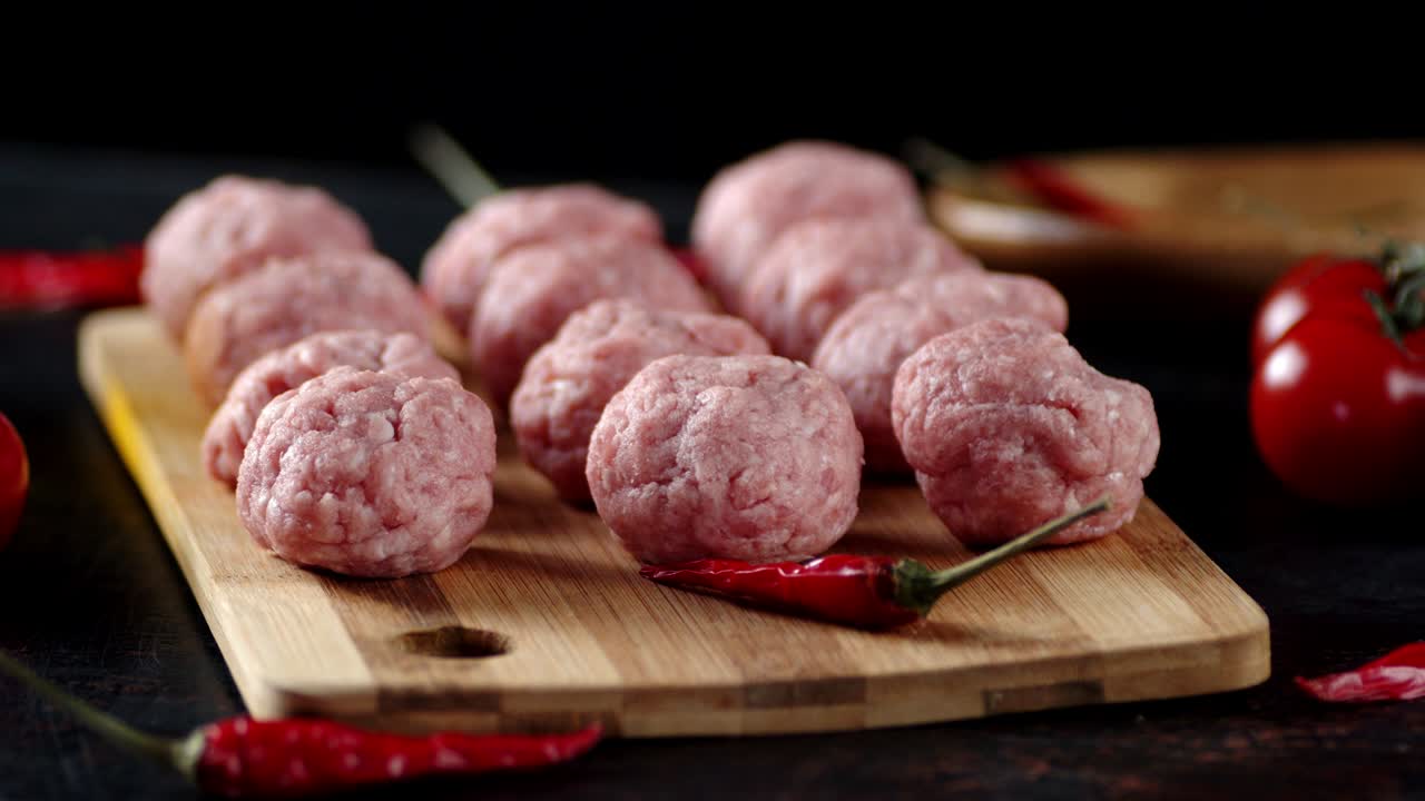las albóndigas crudas con tomates y pimientos giran lentamente.