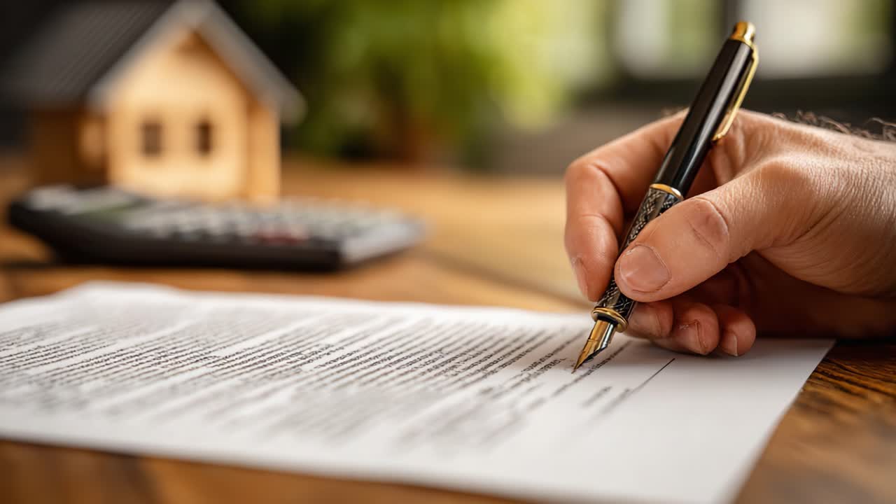 Un primo piano di una mano che firma documenti importanti con un modellino di casa e una calcolatrice sullo sfondo, a simboleggiare decisioni immobiliari e pianificazione finanziaria.