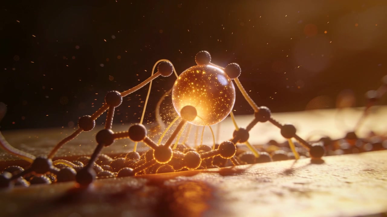 Sinking glowing amber microsphere sending tendrils into molecular chain on substrate