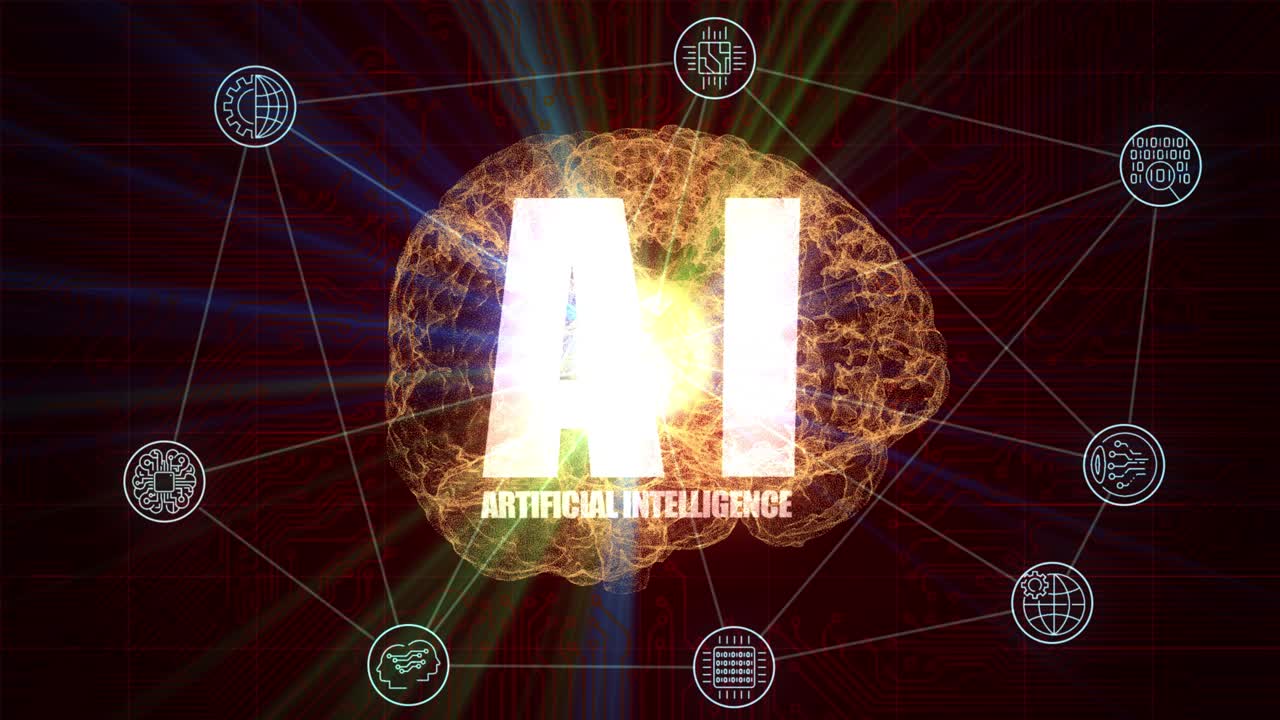High quality VFX motion graphics animation depicting emerging technology in the Artificial Intelligence AI, with spinning particle brain, symbols and abstract plexus design, in orange color scheme