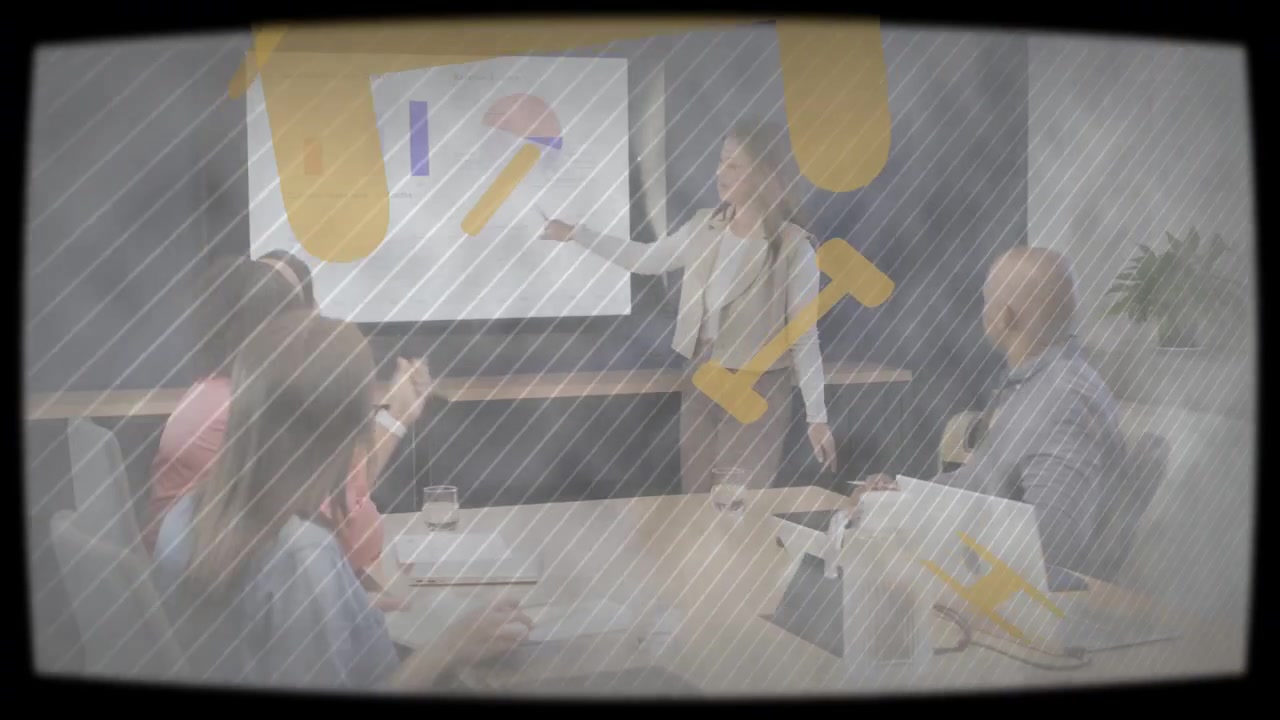 Presenter moving forward after hand raise, pointing at animated charts and explaining business data