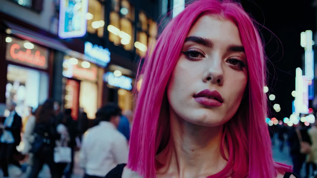 Et levende videobilde viser en kvinne med rosa hår i en travel bygata om natten.