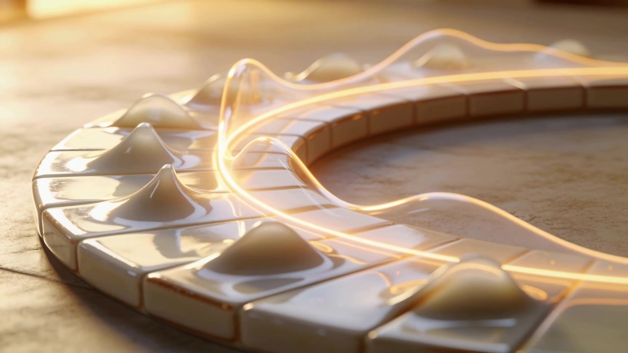 Glowing ribbon appearing inner-edge, tracing wave along ceramic ring on warm floor, lighting domes
