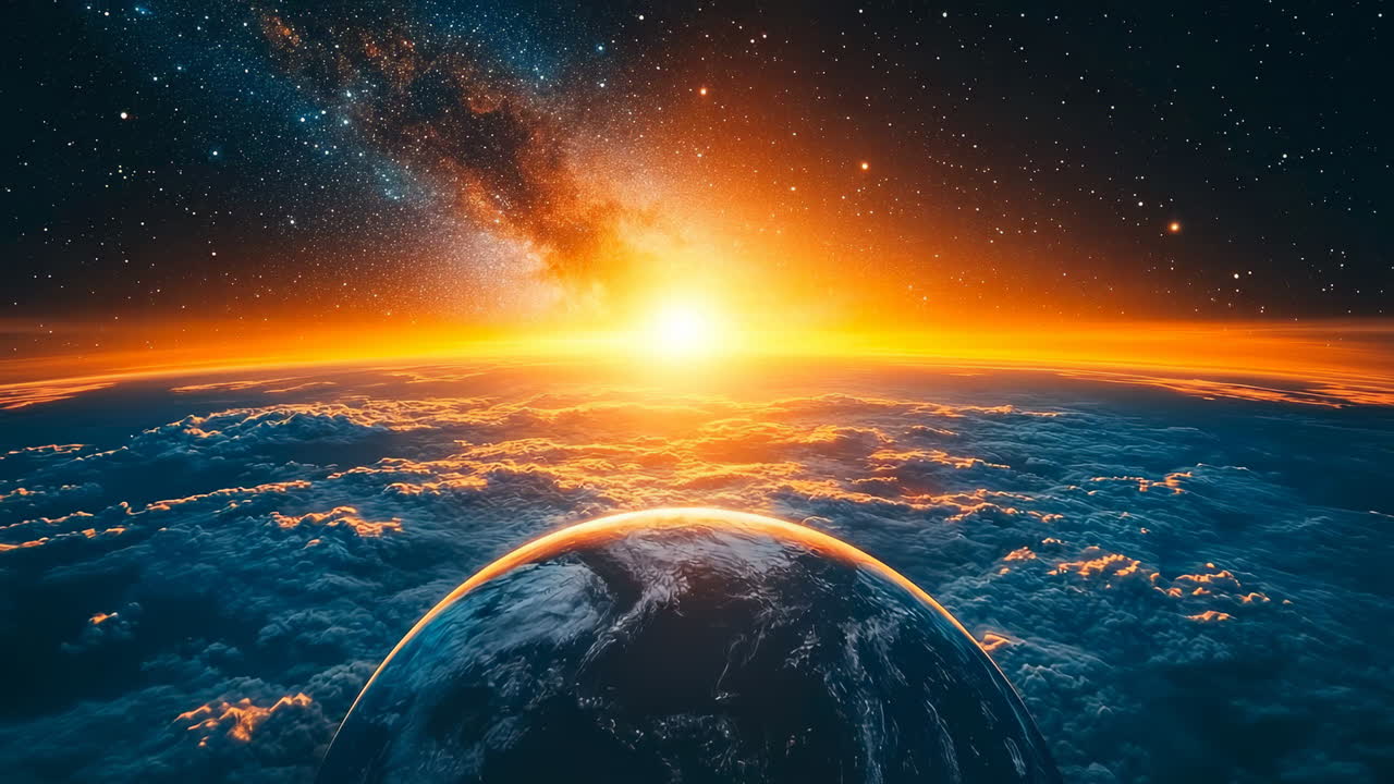 View of Earth from space with sun rising over clouds. Wide angle shot of Earth's horizon showing the planet's curve, atmosphere, clouds, and bright sun rising against the Milky Way