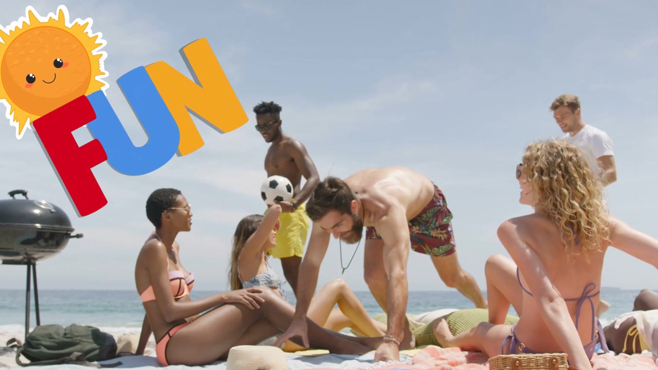 Promo showing group social on beach, bearded man offering bottle reaching, FUN overlay above group